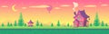 Pixel art cute village at sunset