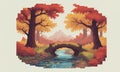 Pixel Art Autumn Landscape with Stone Bridge over River in Forest with Trees and Mountain in Royalty Free Stock Photo