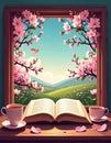 Pixel Art Depiction of Spring Landscape with Cherry Blossoms Tea and Book Royalty Free Stock Photo