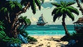 Tropical beach and sailing ship in pixel art Royalty Free Stock Photo