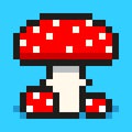 Pixel art, digital mushroom, big and small red amanita, flat web icon, vector design retro object