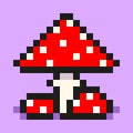 Pixel art, digital mushroom, big and small red amanita, flat web icon, vector design retro object