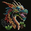 Pixel art embroidery style textured mosaic vector chinese dragon pattern background illustration. Colorful ornamental tapestry