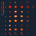 Pixel art explosions. game icons set. Comic boom flame effects for emotion. 8-Bit Vector. Bang burst explode flash