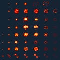 Pixel art explosions. game icons set. Comic boom flame effects for emotion. 8-Bit Vector. Bang burst explode flash