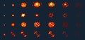 Pixel art explosions. game icons set. Comic boom flame effects for emotion. 8-Bit Vector. Bang burst explode flash