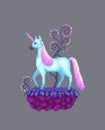 Pixel art fairy unicorn on the stone stand. Royalty Free Stock Photo