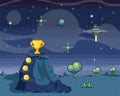 Pixel art with fantastic space landscape background. Computer game location, pixelated platform