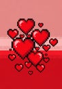 Pixel art features multiple red hearts with black outlines on a gradient background Royalty Free Stock Photo