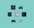 Pixel art flat icons set. Retro technology, computer, joystick, gamepad. Design apps. Game assets. Isolated abstract