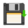 Pixel art floppy disk with a green arrow moving down, symbolizing data saving. Royalty Free Stock Photo