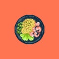 Pixel art food. Pixel food on a plate. Noodles, lettuce, beans, shrimp on a plate.