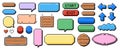 Pixel art frames. Retro 8 bit buttons, arrows, speech bubble messages and quote frame. Game UI vector template set Royalty Free Stock Photo