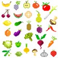 Pixel art fruit and vegetables on white