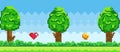 Pixel art game background with trees, ground, grass and sky. Pixelated interface with symbols