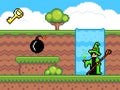 Pixel art game scene with ground plarforms, tree, waterfall, cloudy sky and magician with stick Royalty Free Stock Photo