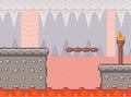 Pixel art game scene with concrete plarforms, steps of boards, current river with fire and torch Royalty Free Stock Photo