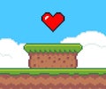Pixel art game scene with grass platform stands on the ground against a blue sky and big red heart