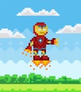 Pixel art game scene with ground, grass and sky with clouds. Flying iron man, robot in metal suit Royalty Free Stock Photo