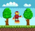 Flying iron man, robot in red metal suit with armor. Bot in jet boots with fire vector illustration Royalty Free Stock Photo