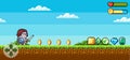 Pixel art game scene with ground, grass, trees, sky, clouds, character, coins, treasure chests and 8-bit. A landscape