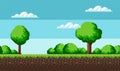 Pixel art game scene with ground, grass, trees, sky, clouds, character, coins, treasure chests and 8-bit. Landscape