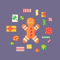 Pixel art gingerbread man lies in a heap of gifts