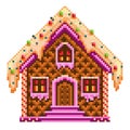 Pixel art gingerbread sweet house on a white background