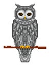 Pixel art gray forest horned owl sitting on a branch Royalty Free Stock Photo