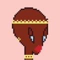 Pixel art happy bride on a wedding day, black girl character isolated on pink background. Young woman getting married