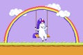 Pixel art happy unicorn riding on a swing hanging on a rainbow vector Royalty Free Stock Photo