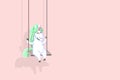 Pixel art happy unicorn riding on a swing, vector