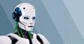 Pixel art humanoid AI robot banner. Avatar of artificial intelligence robot chat bot. Retro game 8 bit style vector of