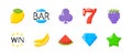 Pixel art icons of fruit, symbols, and objects in retro 8-bit style. The colorful icons include a lemon, diamond, and
