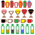 Pixel Art Icons set of glasses, cups and drinking bottles. Pixel style icons