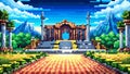 Pixel art illustration of an ancient building with pillars and a red carpet path leading to it Royalty Free Stock Photo