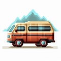 Pixel Art Illustration Of Retro Camper Van On Mountain