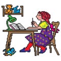 Pixel art illustration. School student doing homework.