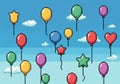 Pixel art illustration with various colorful balloons floating against a blue sky backdrop with Royalty Free Stock Photo