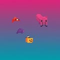 Pixel art image featuring four playful, colorful creatures. A red creature with a pointed