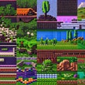 A pixel art-inspired digital texture with blocky characters and pixelated landscapes, reminiscent of classic video games5, Gener