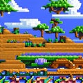 A pixel art-inspired digital texture with blocky characters and pixelated landscapes, reminiscent of classic video games2, Gener