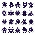 Pixel art invaders silhouette. Space invader monster game, pixels robots and retro arcade games isolated vector icons set Royalty Free Stock Photo