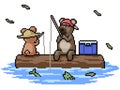 Pixel art isolated bear fishing with friend