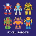 Pixel art isolated robots vector set Royalty Free Stock Photo