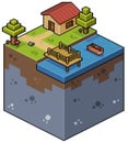 Pixel art isometric landscape with house, lake, wooden deck, boat and trees 8bit
