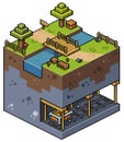 Pixel art isometric landscape with trees, bridge, lake, mine, mining