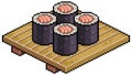 Pixel art japanese food sushi on wooden board icon for 8bit game