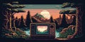 Pixel art jungle journey with retro gaming console