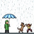 Pixel art kid enjoy rain